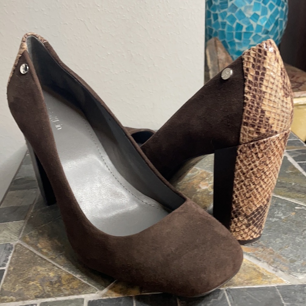 Calvin Klein Monicah Brown Suede Heels with Snakeskin Detail -NWOT
